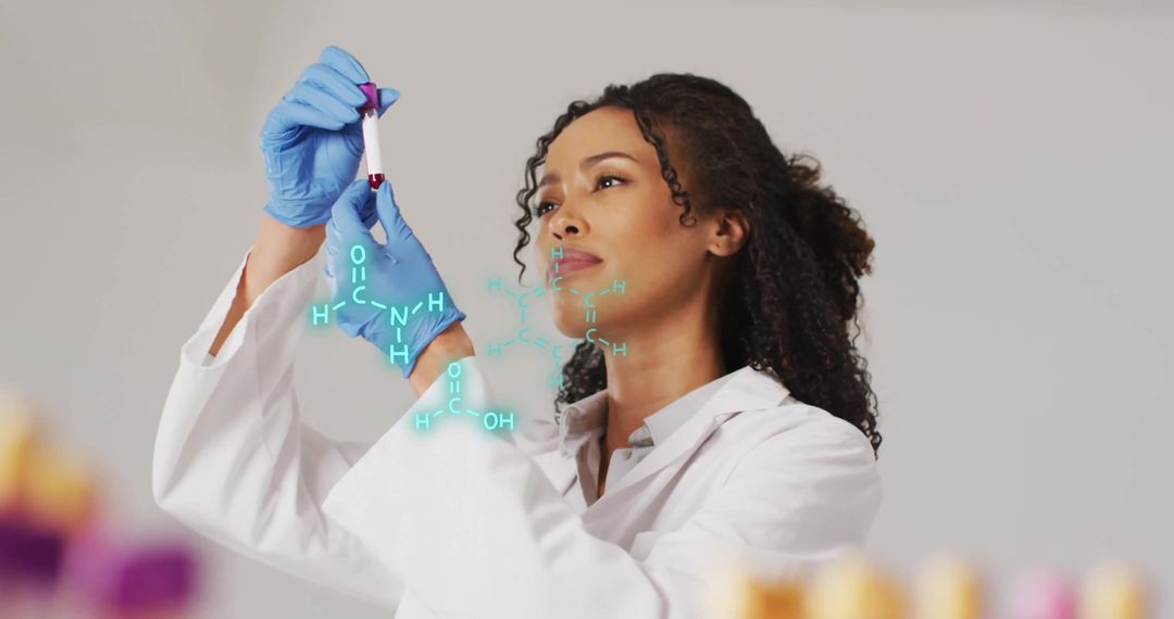Scientist Analyzing Sample with Molecular Structures in Laboratory