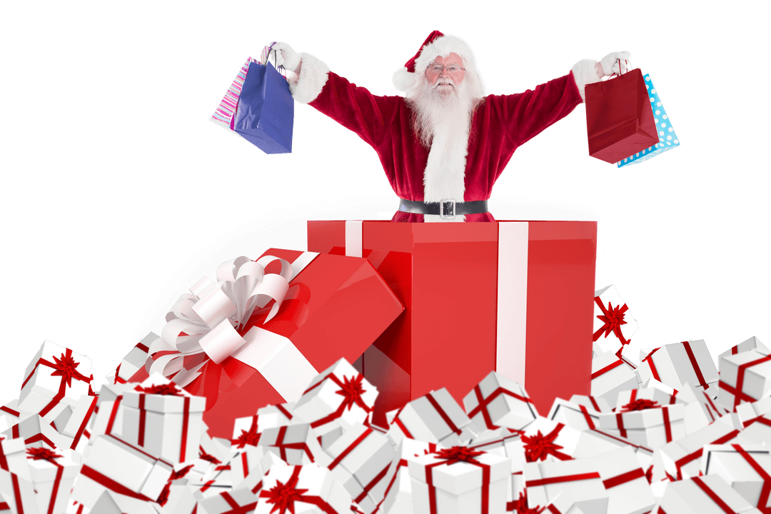 Transparent Santa Standing in Large Red Gift Box with Shopping Bags