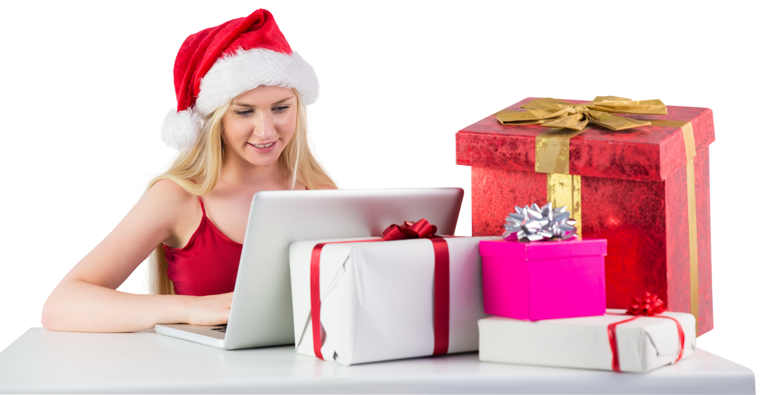 Transparent festive blonde woman shopping online on laptop with Christmas gifts - Download Free Stock Images Pikwizard.com