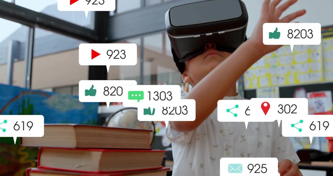 Child Engaging with Virtual Reality and Social Icons in Classroom