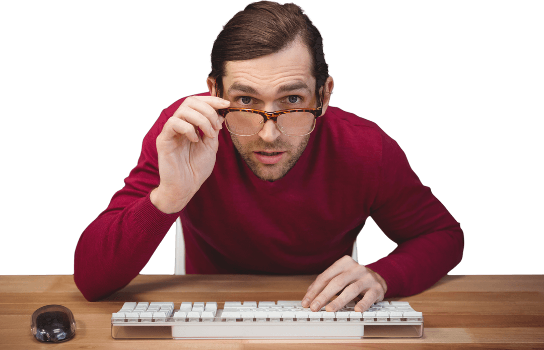 Transparent Background Surprised Businessman at Desk with Glasses