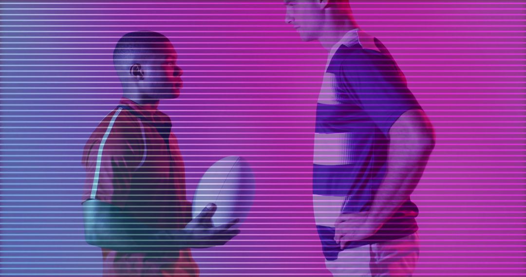 Rugby Players Posing Under Neon Lights with Striped Background