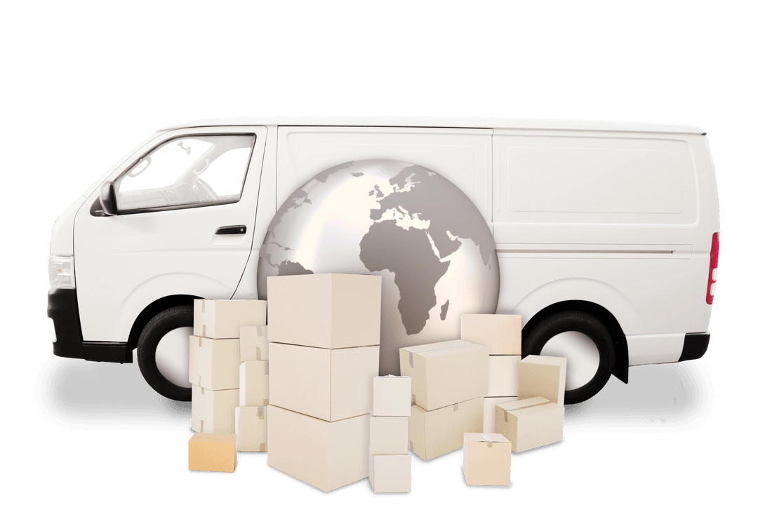 Transparent Online Shopping Delivery Van with Packages and Globe