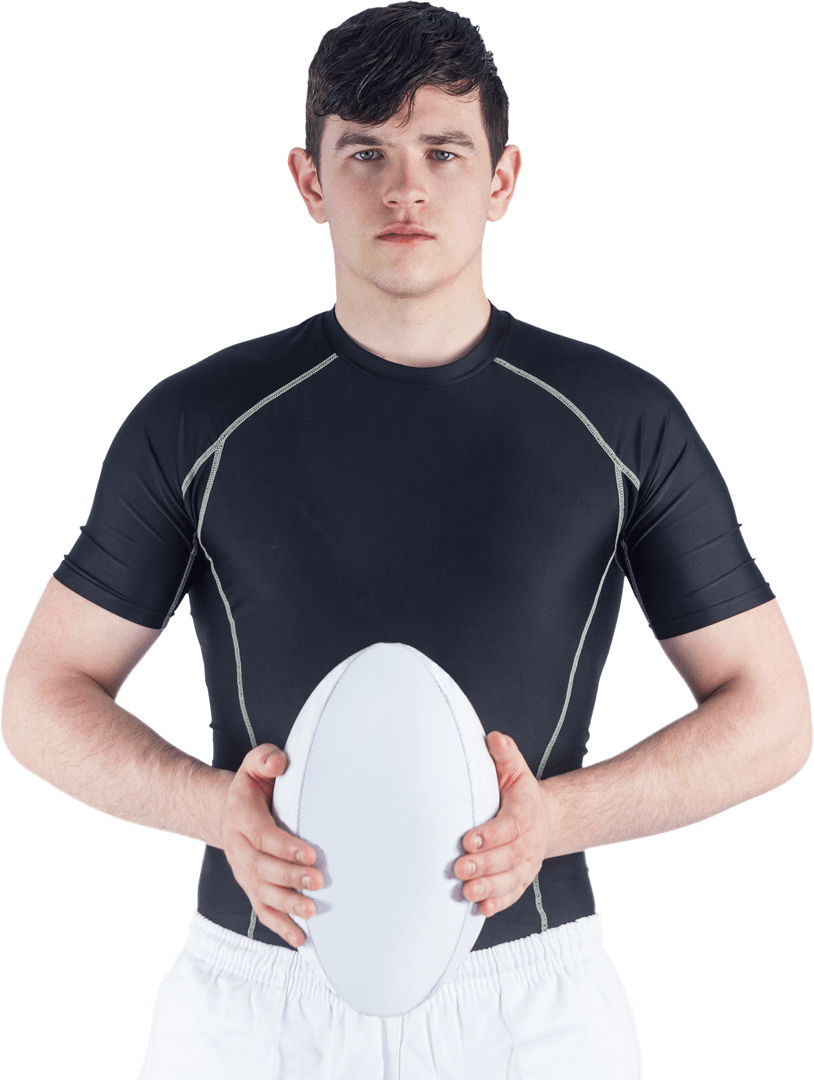 Transparent Rugby Player Holding Rugby Ball with Confident Expression