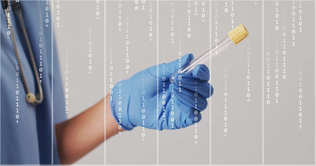Gloved Hand Holding Test Tube with Binary Overlapping