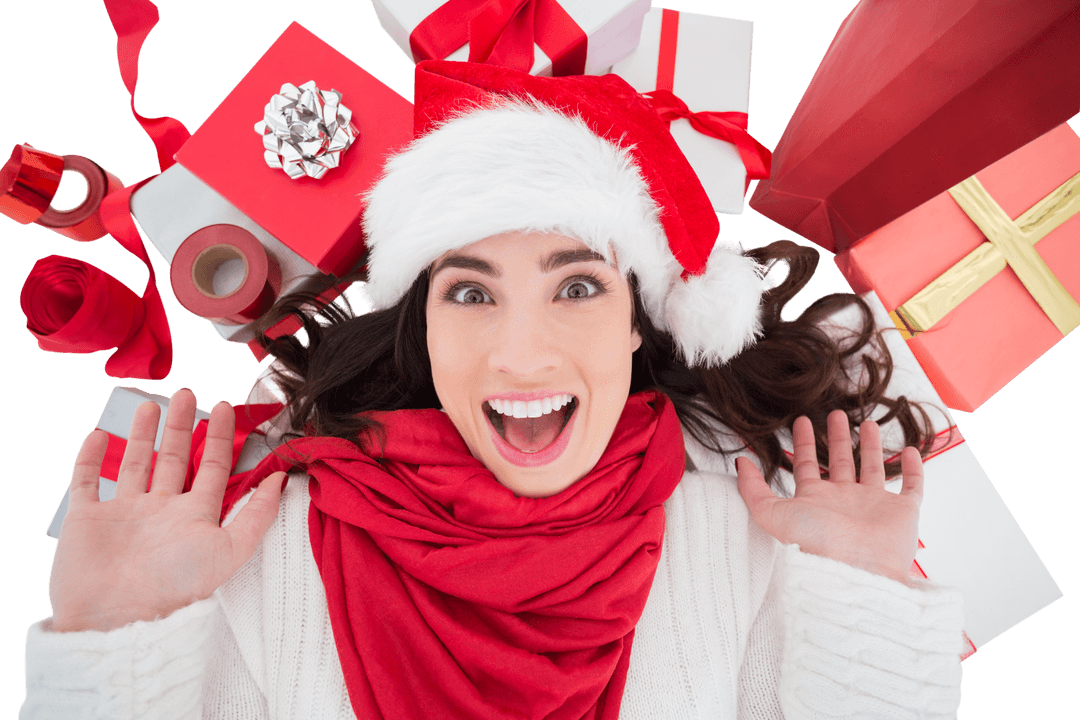 Cheerful Woman Surrounded by Festive Christmas Presents on Transparent Background