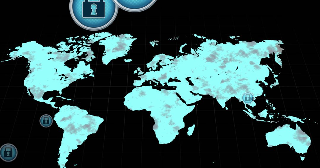 Futuristic World Map with Digital Lock Icons on Black Background