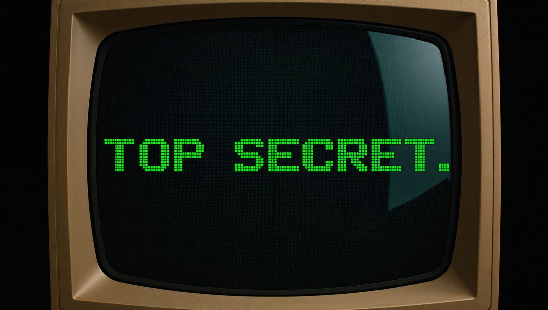 Vintage CRT Monitor Displaying Green Dot Matrix TOP SECRET Text on Curved Monochrome Screen