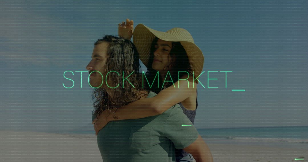 Carefree Couple Enjoying Summer at Beach with Digital Overlay