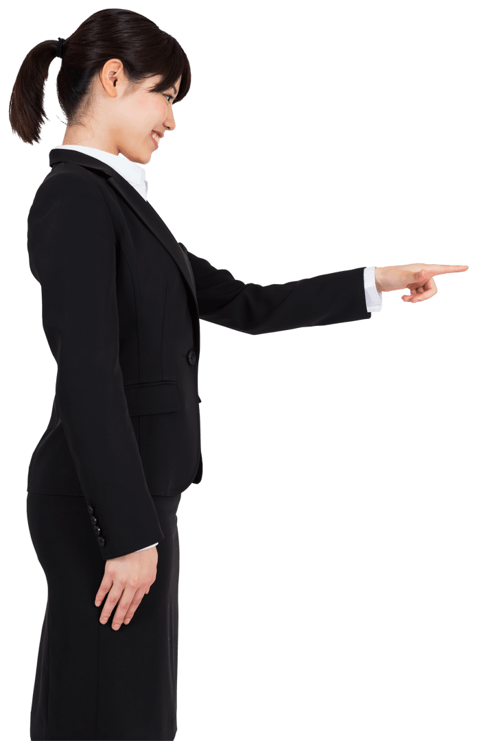 Transparent Smiling Asian Businesswoman Pointing to Side