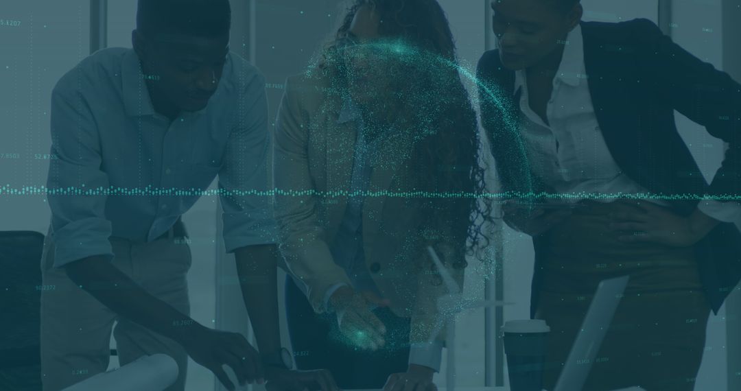 Diverse Team Analyzing Business Data with Global Networking Overlay