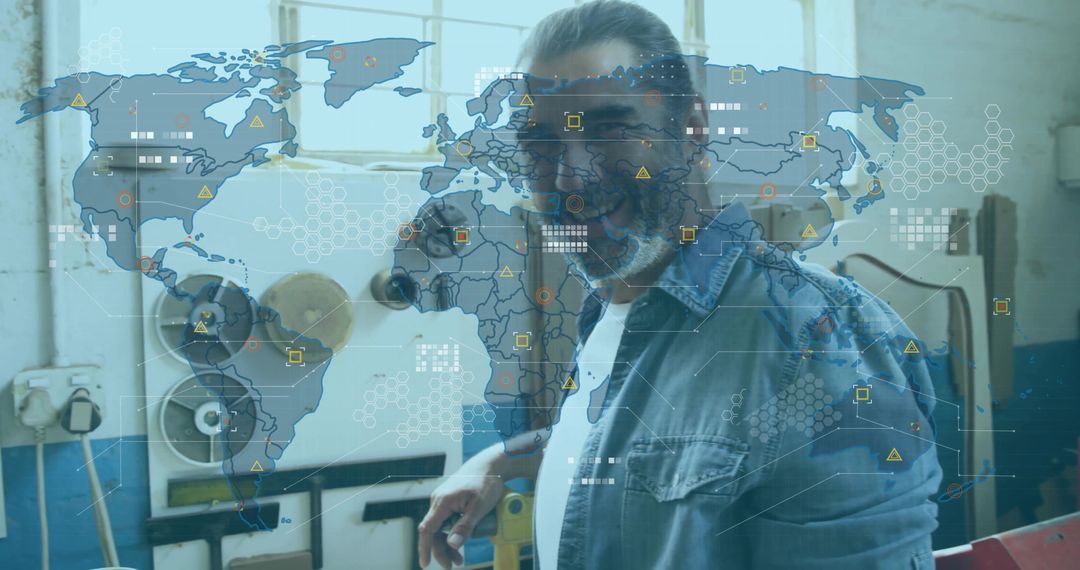 Senior Machinist with Digital World Map and Workshop Scene