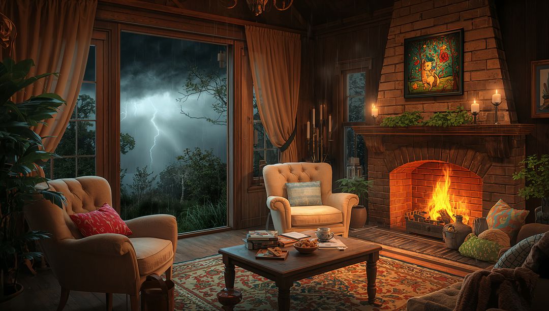 Crackling fireplace in rustic cabin living room during stormy night with lightning