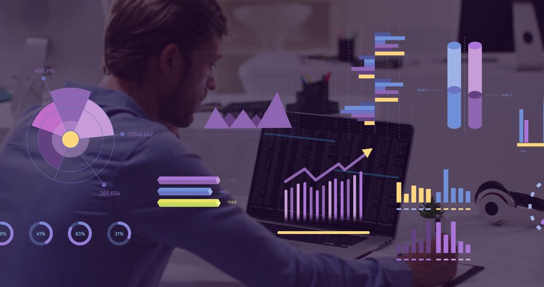 Man Analyzing Data with Laptop and Futuristic Financial Graphs