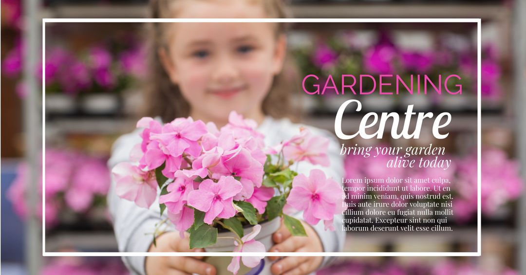 Child Holding Pink Flowers at Garden Center, Perfect for Spring Campaigns