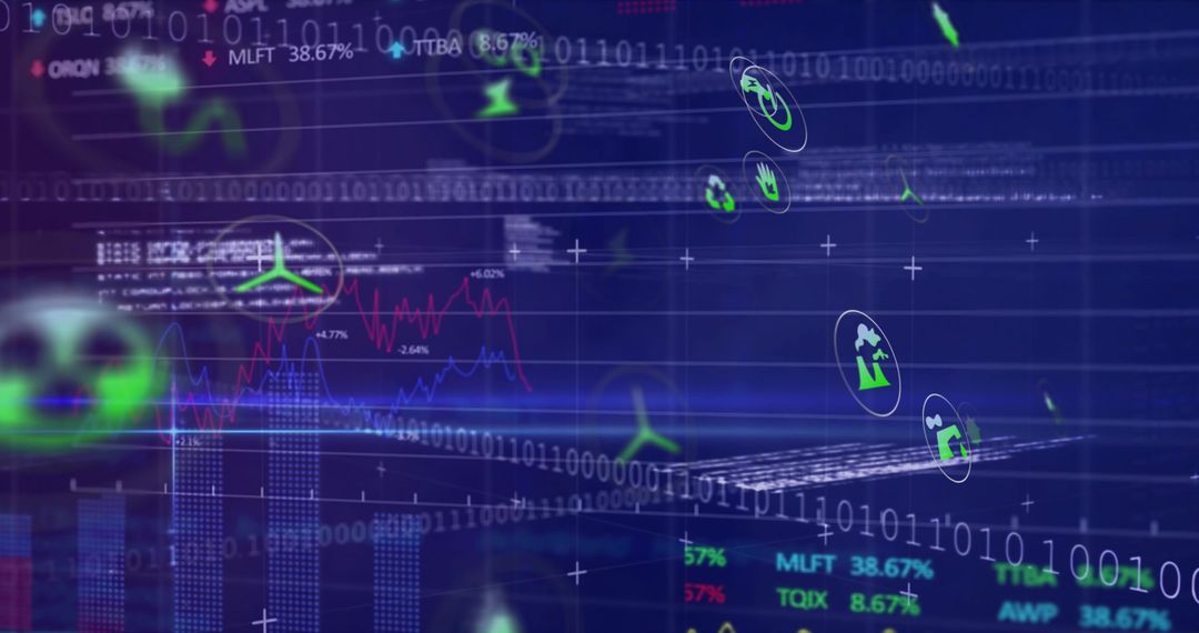 Futuristic Holographic Data Dashboard Showing Analytics, Binary Code, Line Graphs, Icons