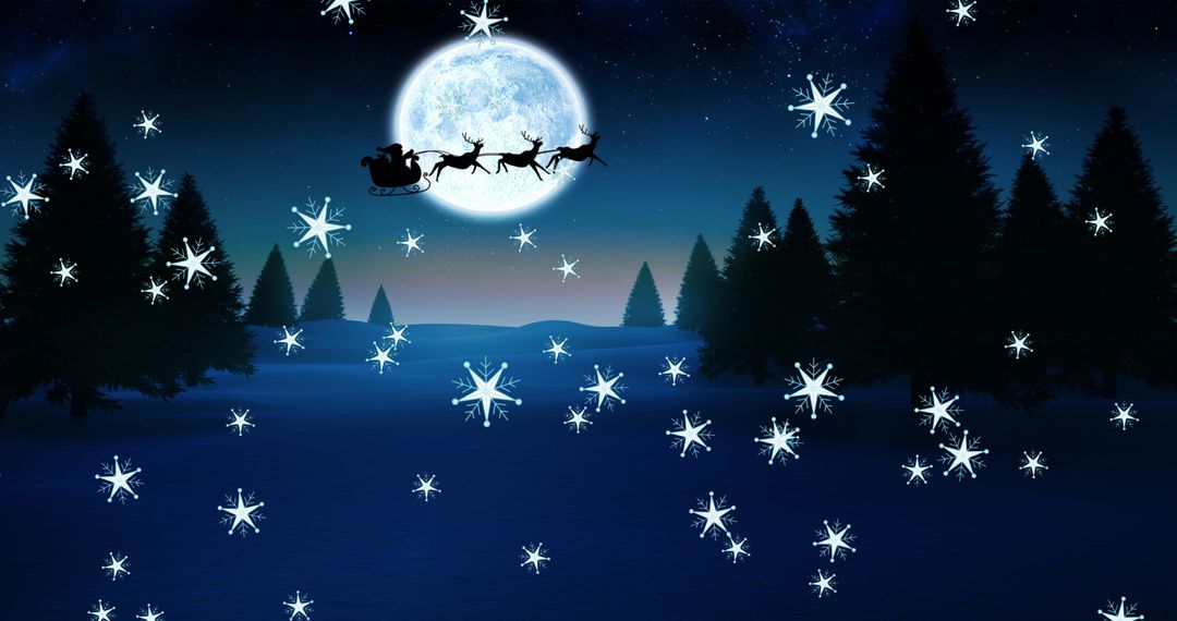 Silhouette of Santa Clause and Reindeer Across Moonlit Winter Sky
