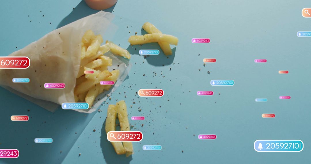 Fries and Search Badges on Blue Background, Digital Interface Concept