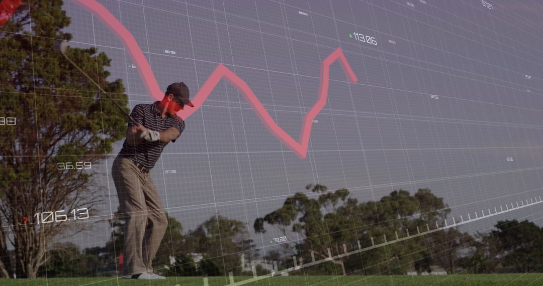 Golfer Practicing Swing with Financial Graph Overlay Play Strategy