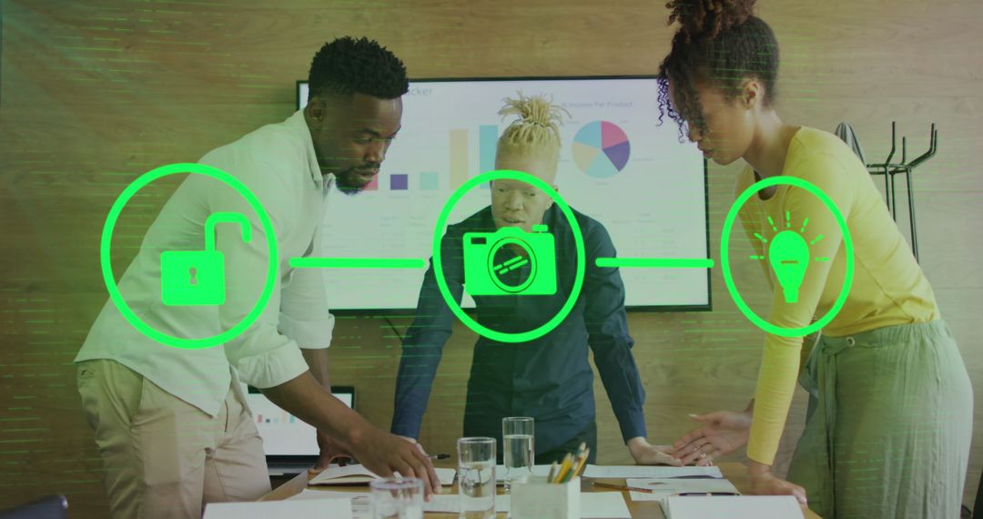 Icons Overlay Diverse Team Collaborating in Office