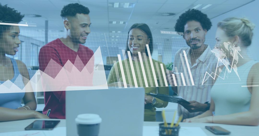 Diverse Team Analyzing Business Data with Chart Overlay