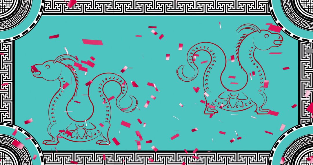 Festive Chinese Dragon Illustrations with Confetti on Turquoise