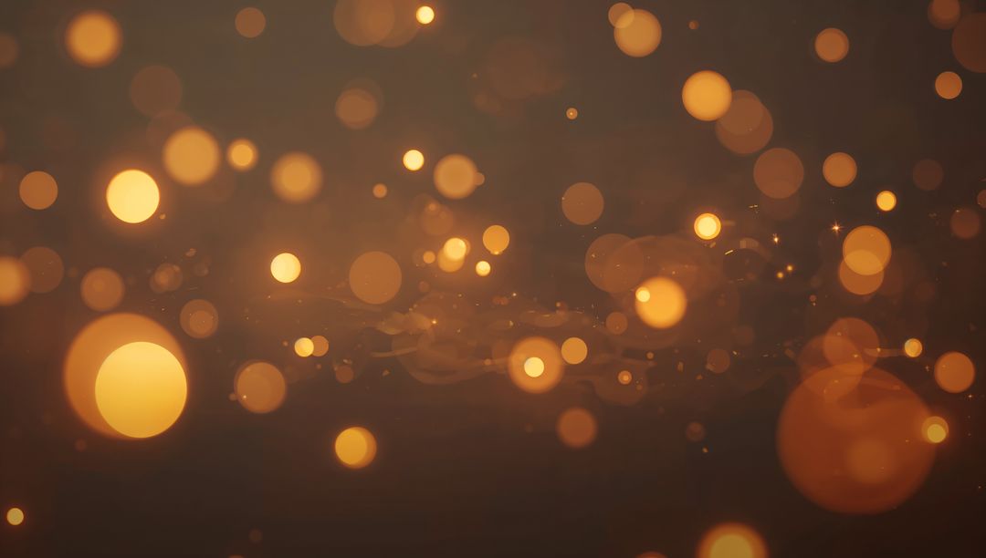 Golden Bokeh Orbs Floating on Dark Amber Background with Warm Glow and Sparkles