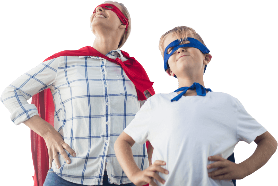 Joyful Mother and Son in Transparent Superhero Play