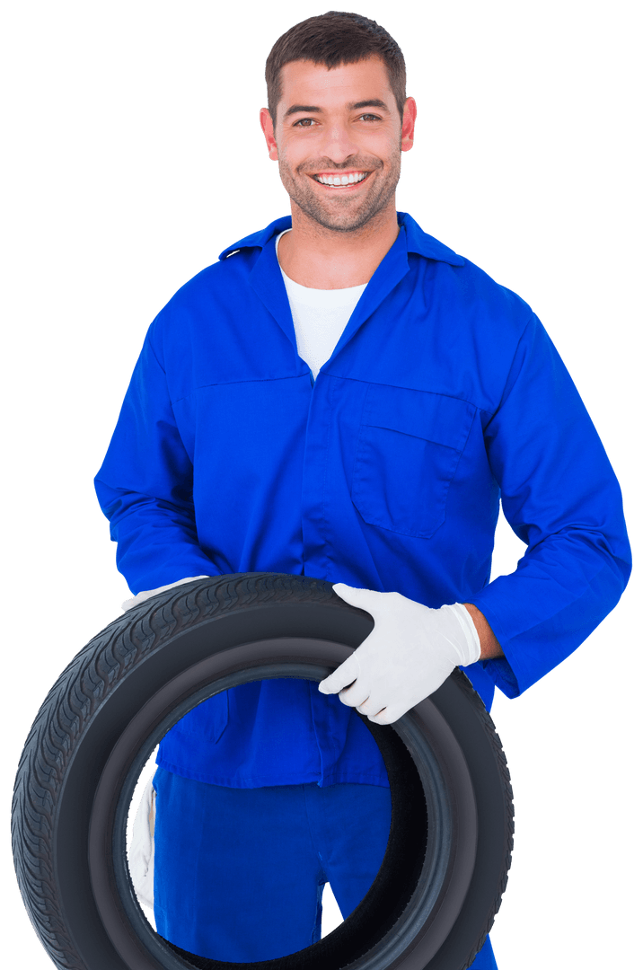 Smiling Mechanic Holding Tire Isolated Transparent Background