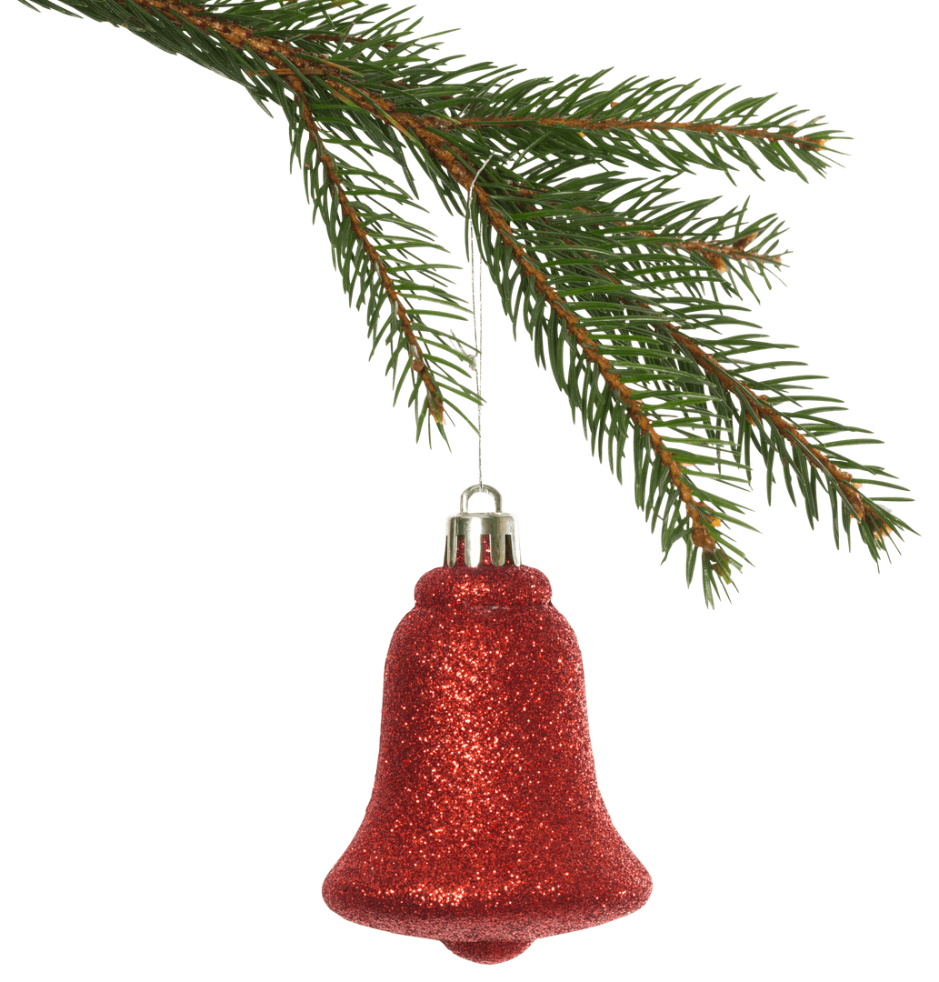Red Glitter Bell Ornament on Pine Branch Isolated Transparent Background