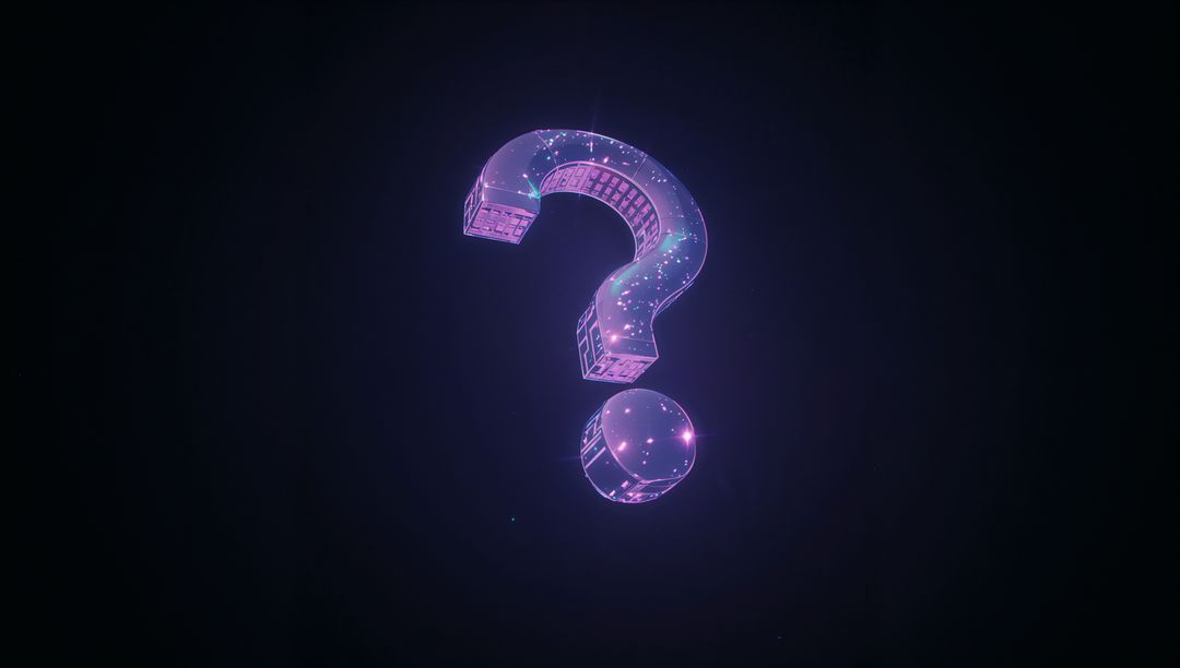 Glowing 3D Purple Neon Question Mark in Serene Digital Space