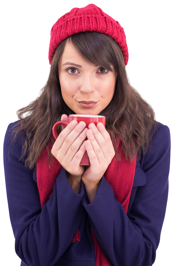 Festive Brunette in Winter Attire Holding Transparent Mug Looking Ahead - Download Free Stock Images Pikwizard.com