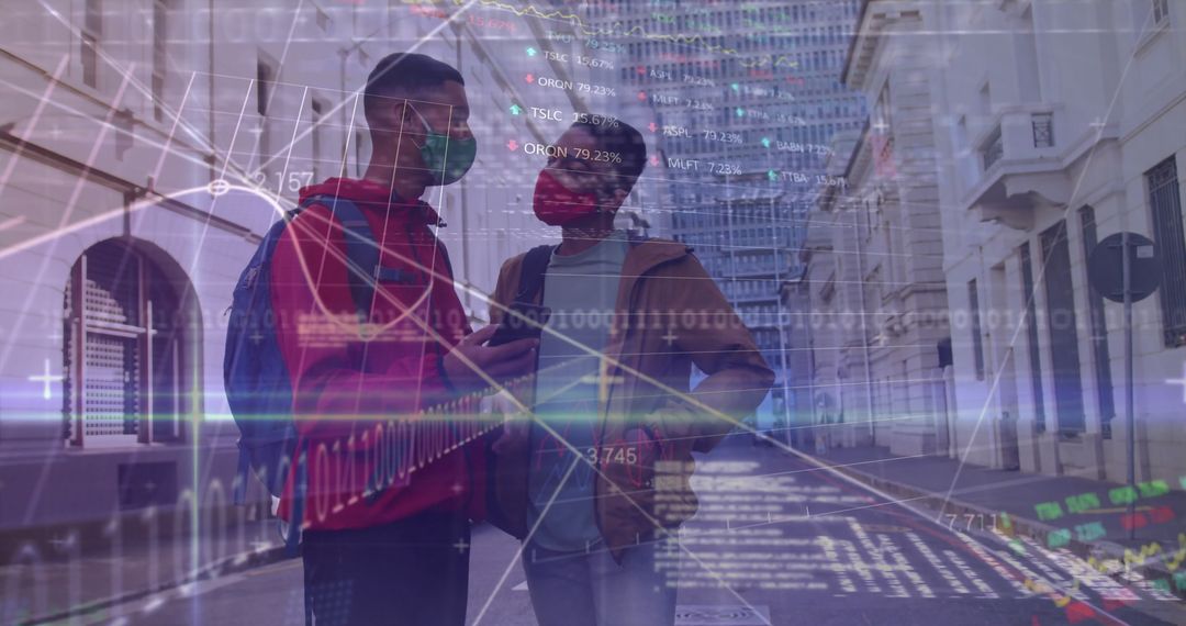 Two Friends Using Smartphone with Financial Data Overlay