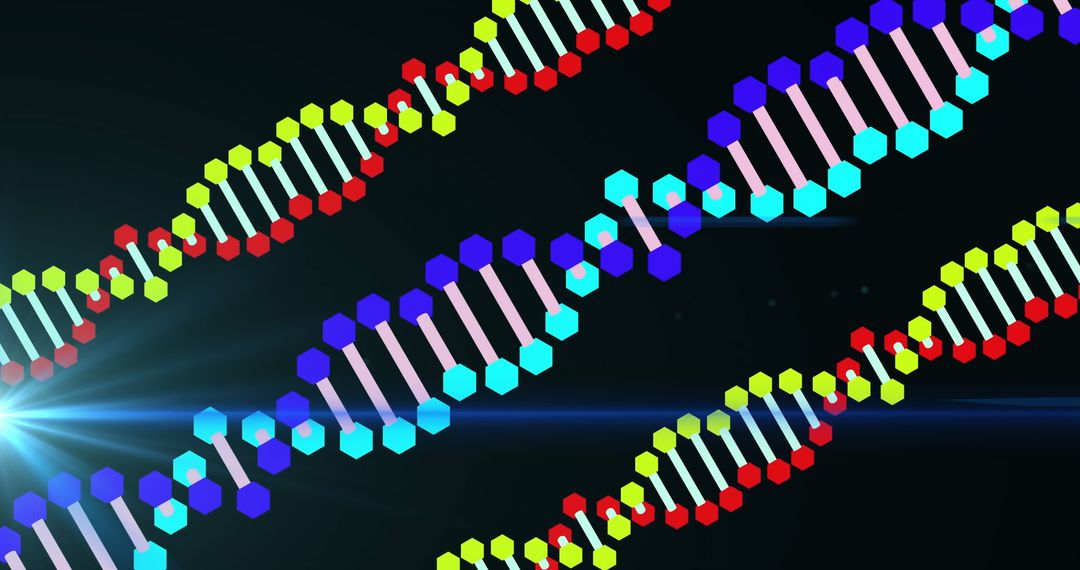 Colorful DNA Helix Strands on Dark Background with Lens Flare Effect