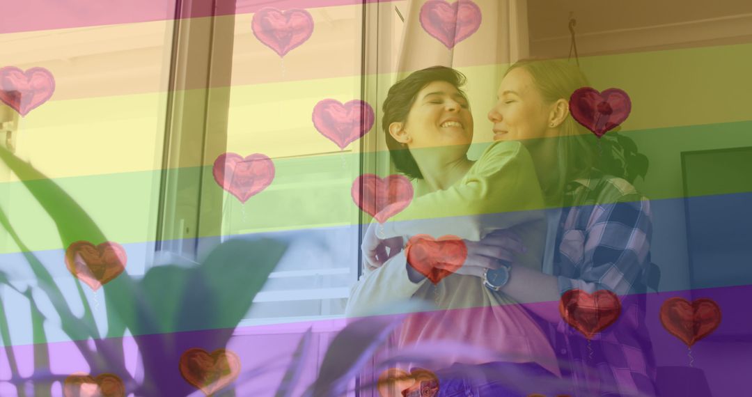 Image of heart emojis and rainbow flag over caucasian female couple embracing - Free Images, Stock Photos and Pictures on Pikwizard.com