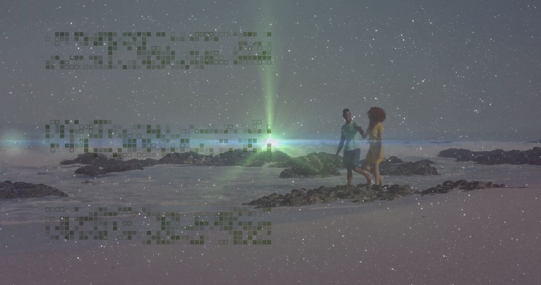 Couple Walking on Rocky Beach at Dusk with Starry Sky