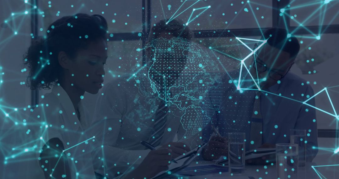 Business Team Analyzing Documents with Futuristic Holographic Network