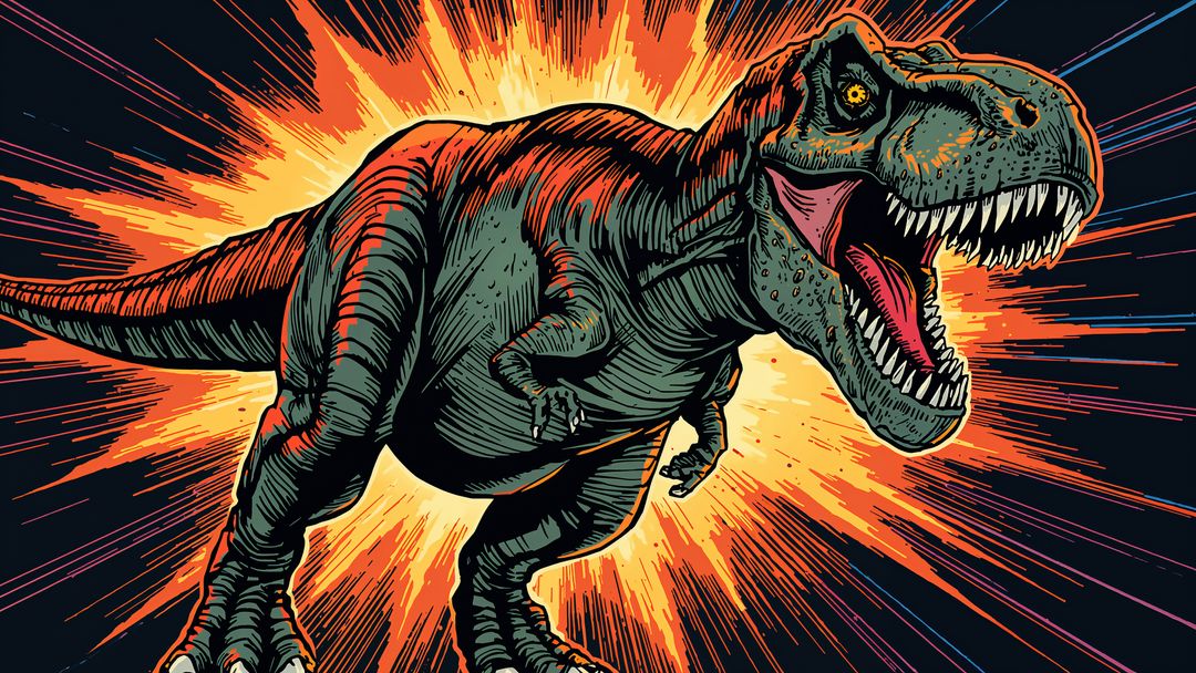 Roaring Green T-Rex in Dynamic Comic-Style Explosion