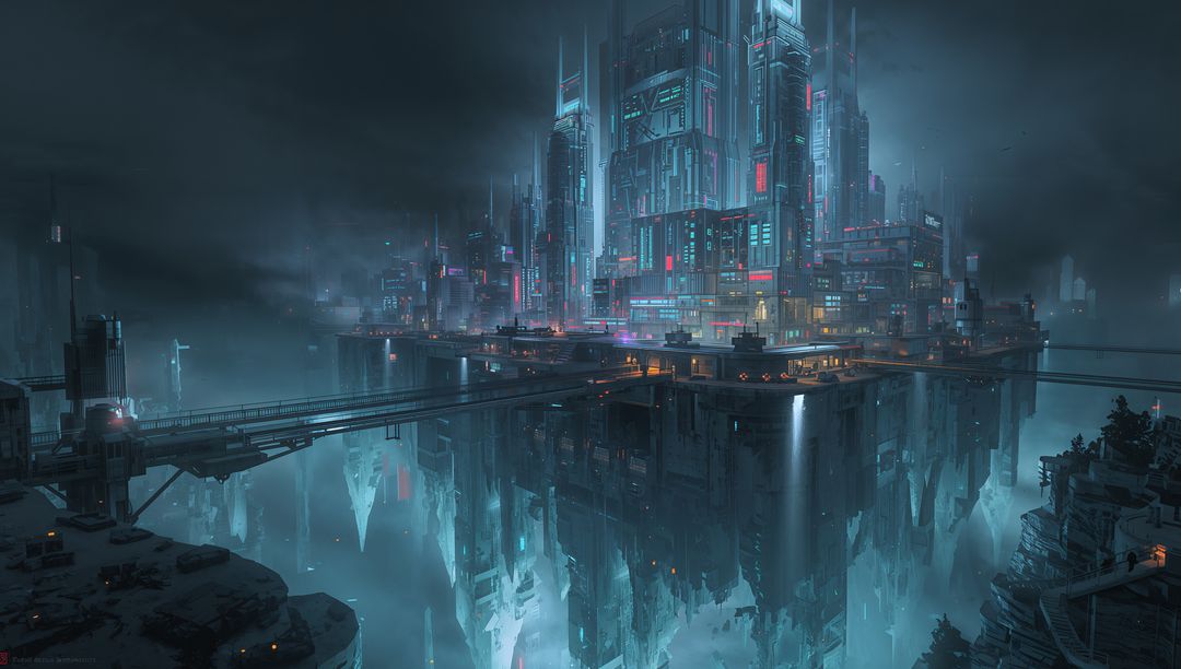 Glowing Cyberpunk Floating Megacity Hovering Above Fog-Chasm with Neon Spires and Bridges
