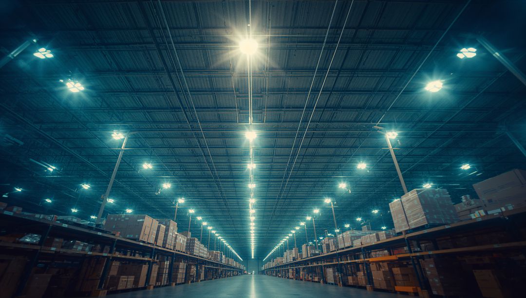 Vast Warehouse with Endless Aisles and Pallets