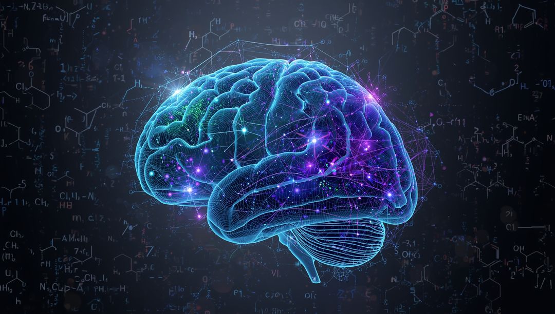 Futuristic Neon Brain Model with Tech and Science Overlay