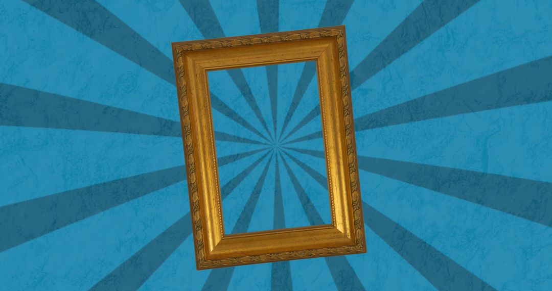 Antique Wooden Frame Floating on Abstract Blue Sunburst Background