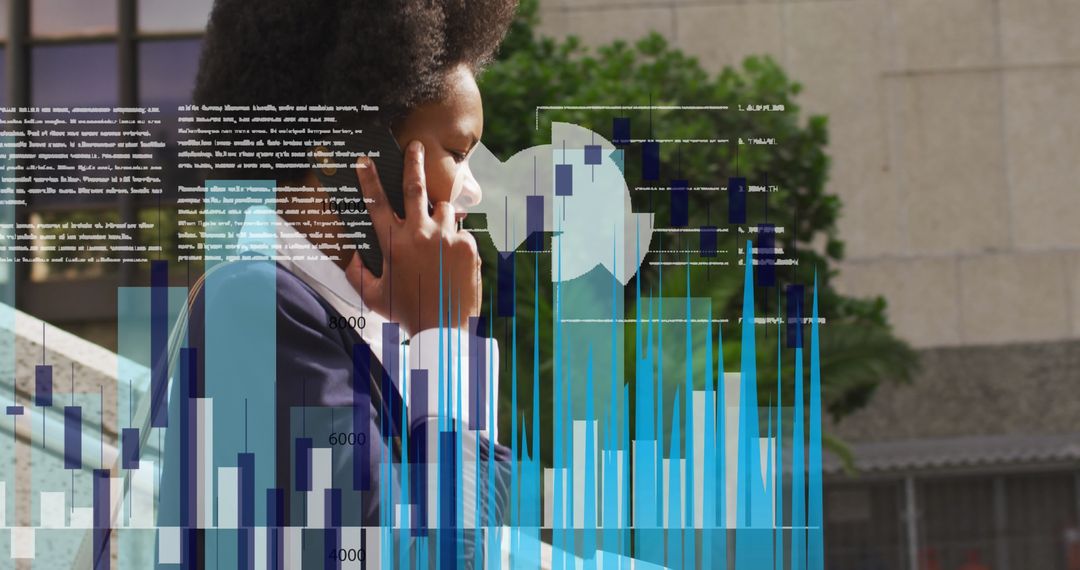 Businesswoman Walking with Data Overlay in Urban Setting