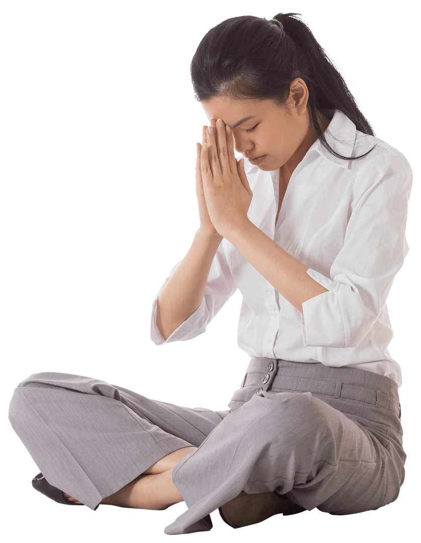 Calm Businesswoman Meditating in Lotus Pose Transparent Background