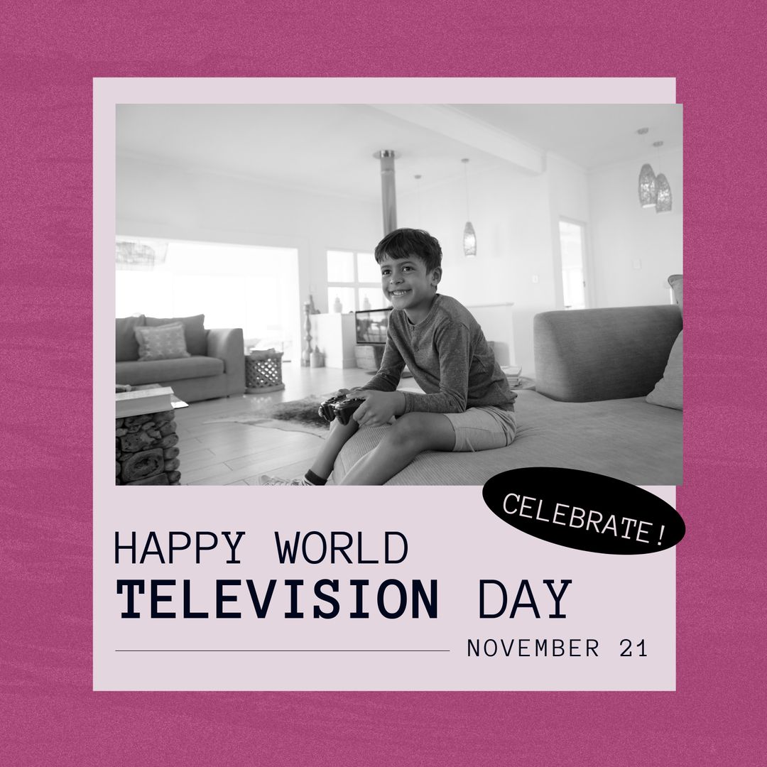 Smiling Boy Enjoying Video Games on World Television Day
