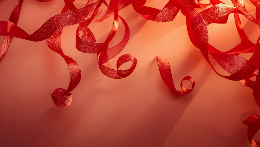 Curling Red Satin Ribbons Flowing across Peach-Pink Surface Casting Soft Shadows