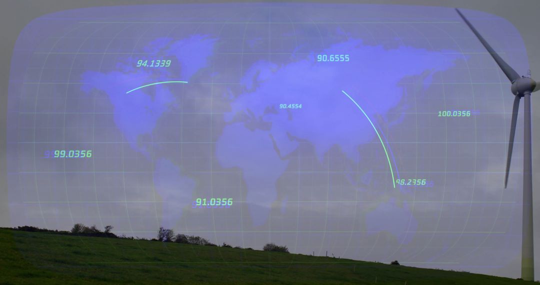Futuristic Wind Turbine with Holographic Map Overlay in Grassy Field