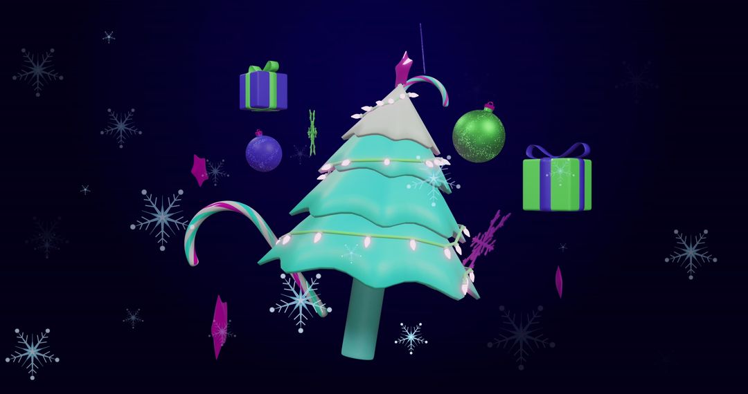 Digital Christmas Tree and Decor on Dark Background