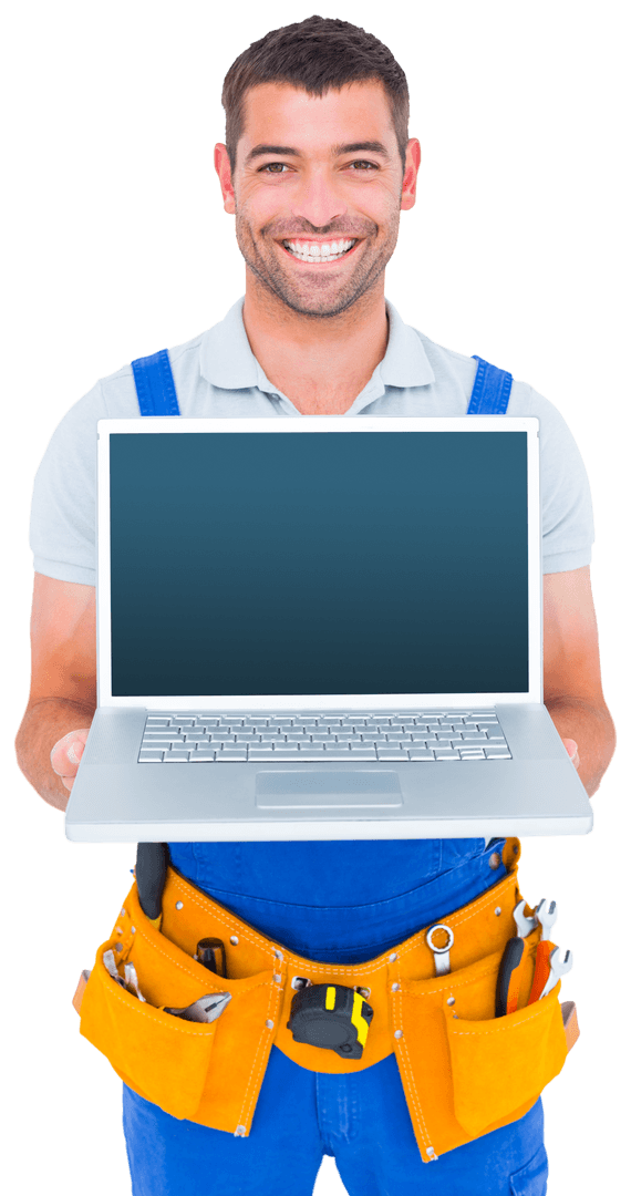 Smiling Male Repairman Holding Transparent Laptop Mockup