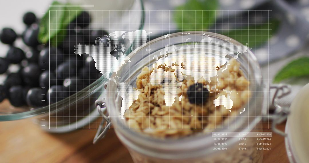 Granola jar topped with dark berry, world map overlay for global food health concept